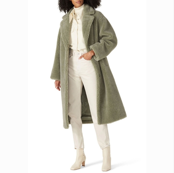 STAND STUDIO Olive Green Teddy Coat Faux FUR SHEARLING - Picture 2 of 9